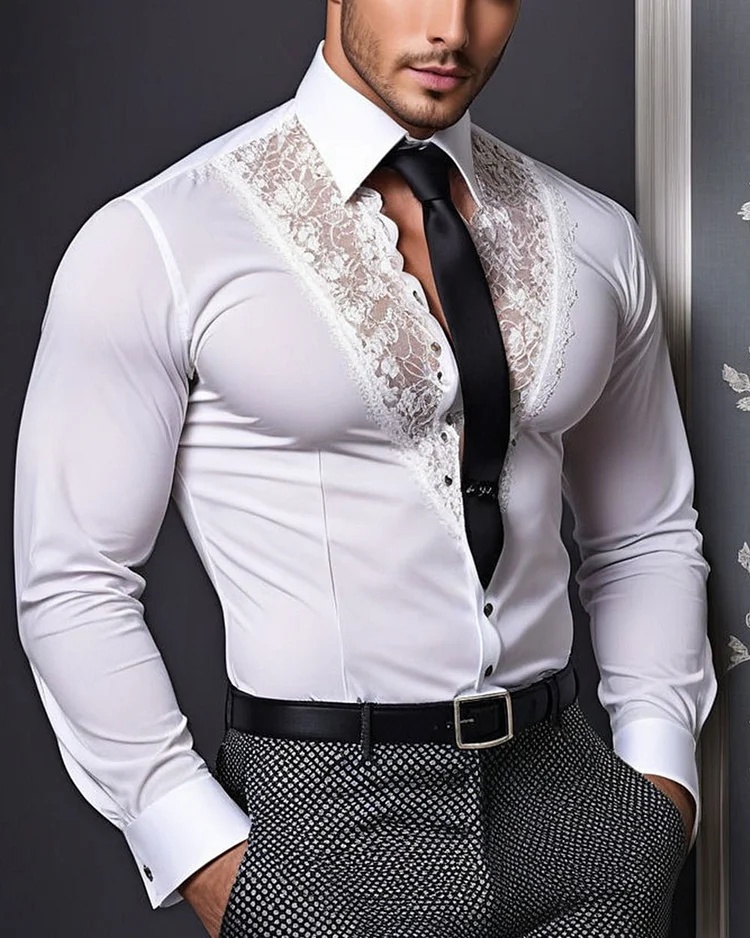 Men's White Embroidered Lace Long Sleeve Shirt