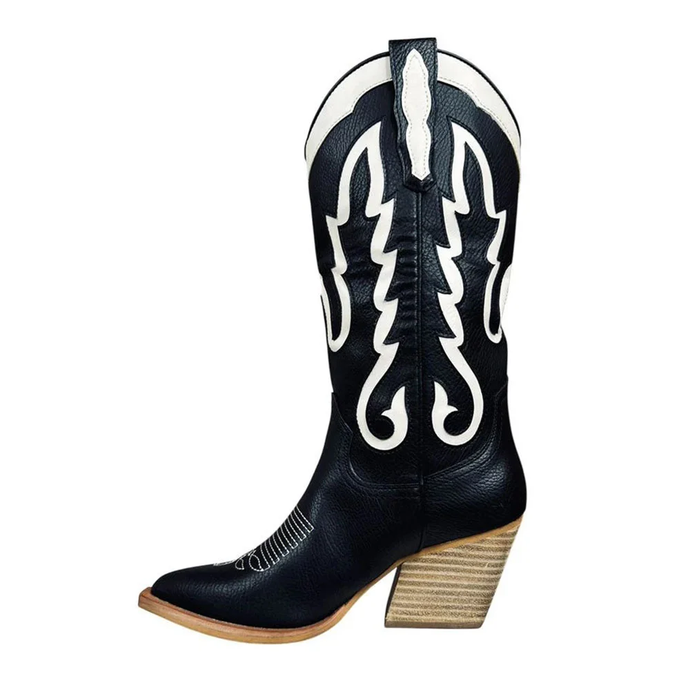 Black & White Pointed Toe Embroidered Patchwork Mid Calf Cowgirl Boots