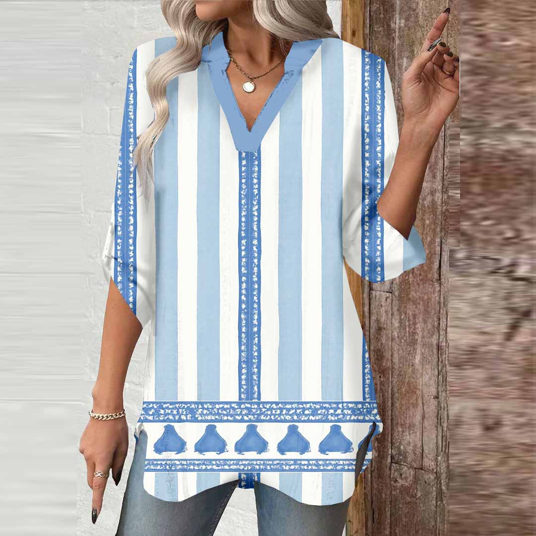 Women Striped, Blue DZGA0067 3/4 Sleeve V-neck Printed Graphic Button Tops