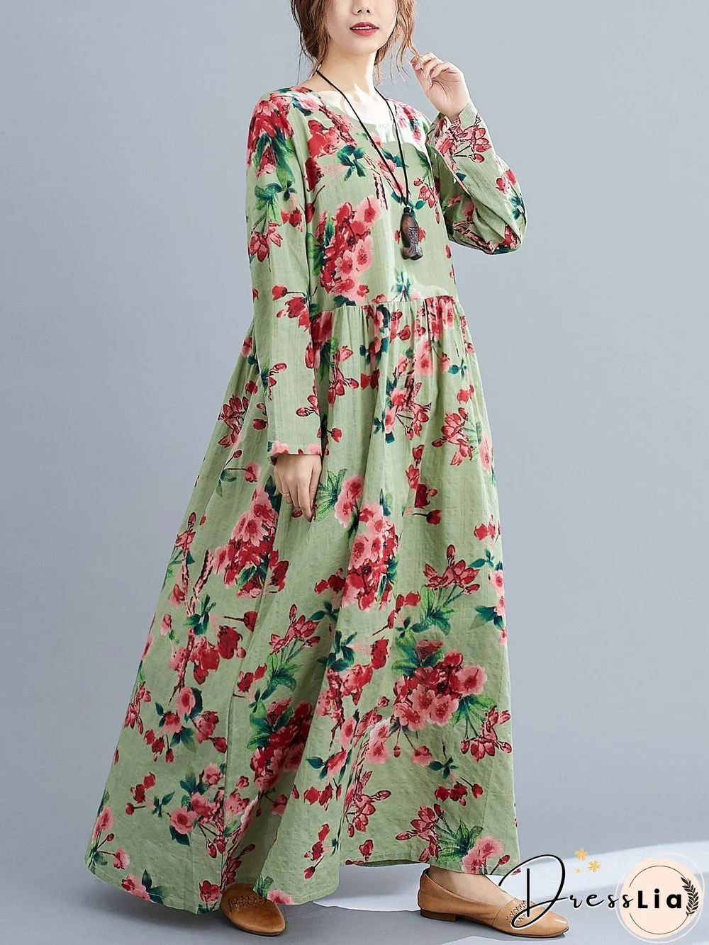 Loose Cotton Linen Printed Long Sleeve Swing Maxi Dress