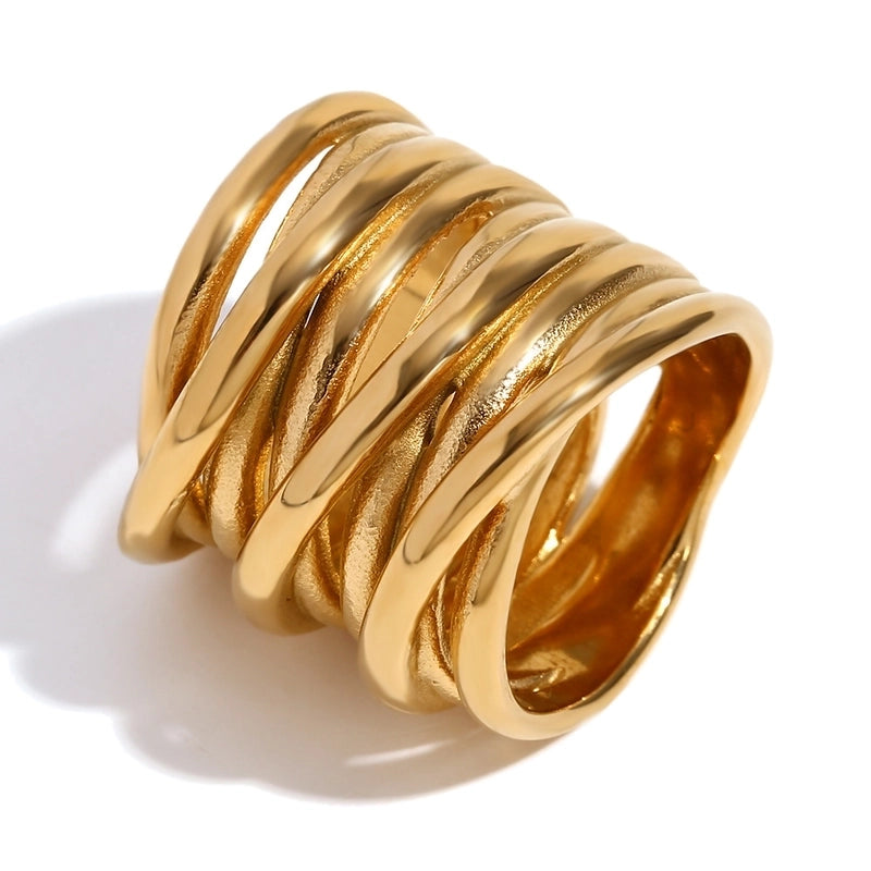 Retro Solid Color 304 Stainless Steel 18K Gold Plated Layered Plating Rings