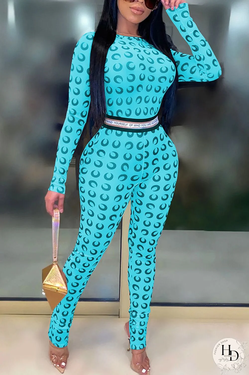 Light Blue Fashion Sexy Print Long Sleeve O Neck Jumpsuits