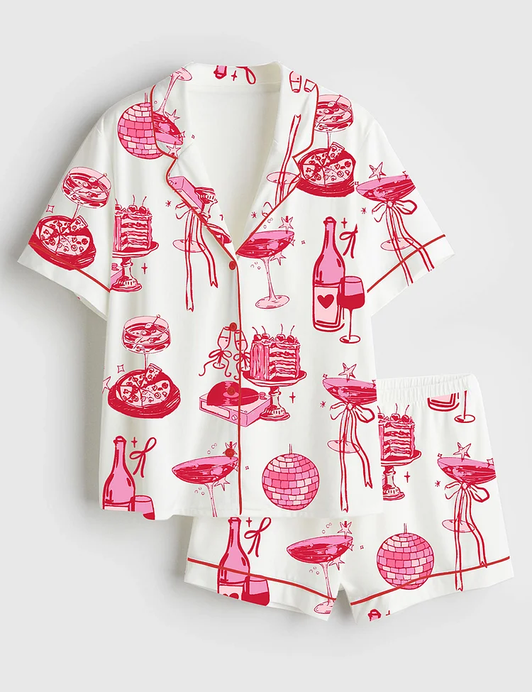 Women&rsquo;s Homebody Cocktail Girl Social Club Retro Disco Ball Margarita Print Short Sleeve Satin Pajama Set