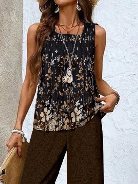 Women's Sleeveless Square Collar Floral Printed Casual Set