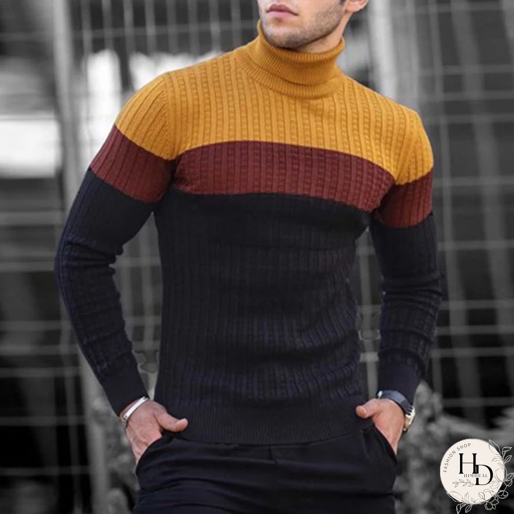 Mens Fashion Contrast Color High Neck Stitching Sweater