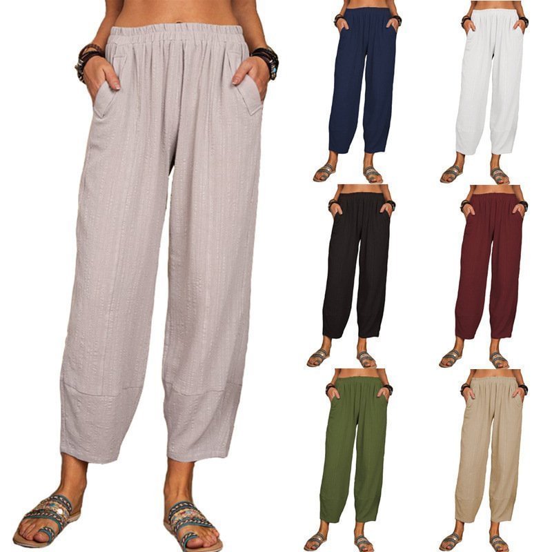Daphneozzie  solid colour loose cotton linen casual trousers