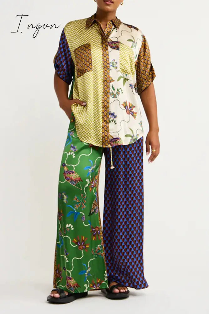 Ingvn - Casual College Print Patchwork Turndown Collar Short Sleeve Two Pieces Multicolor / S