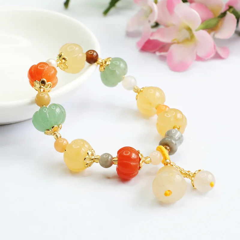 Golden Silk Jade Pumpkin Beads Full of Sky Star Gourd Tassel Handstring