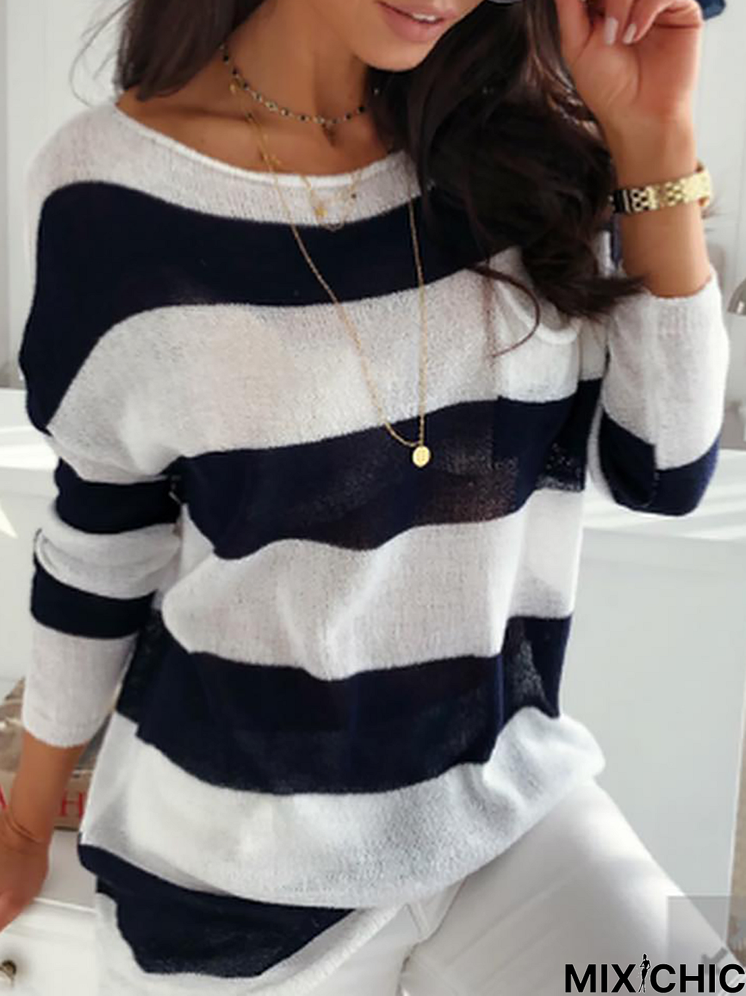 Women's Pullover Sweater Jumper Knit Knitted Striped Crew Neck Long Sleeve Loosen Stylish Casual Daily Fall Winter