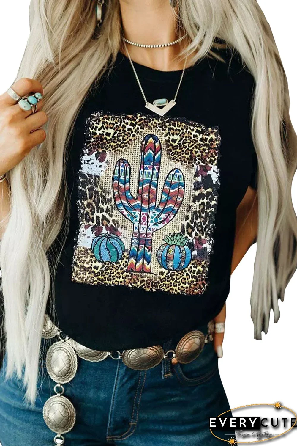 Black Tribal Cactus Western Fashion Graphic Tee