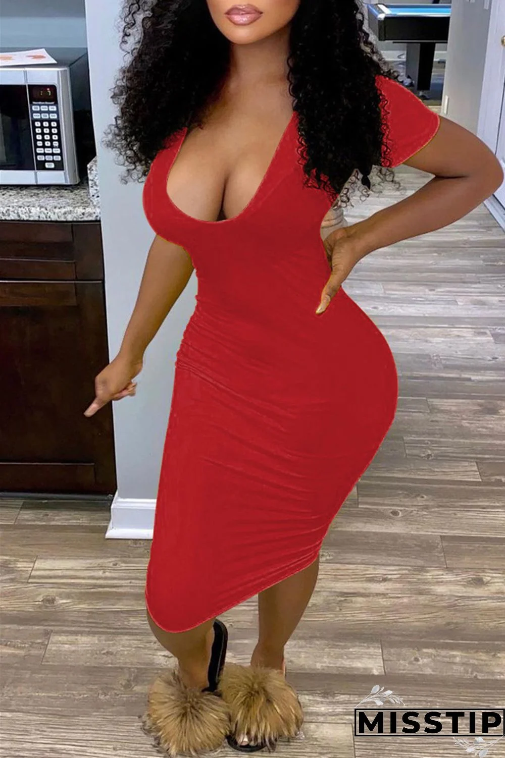 Orange Fashion Sexy Solid Basic V Neck Short Sleeve Dress