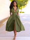 Women's A-Line Dress Midi Dress - Half Sleeve Split Summer Fall V Neck Hot Sexy Army Green Orange S M L XL-KZyou
