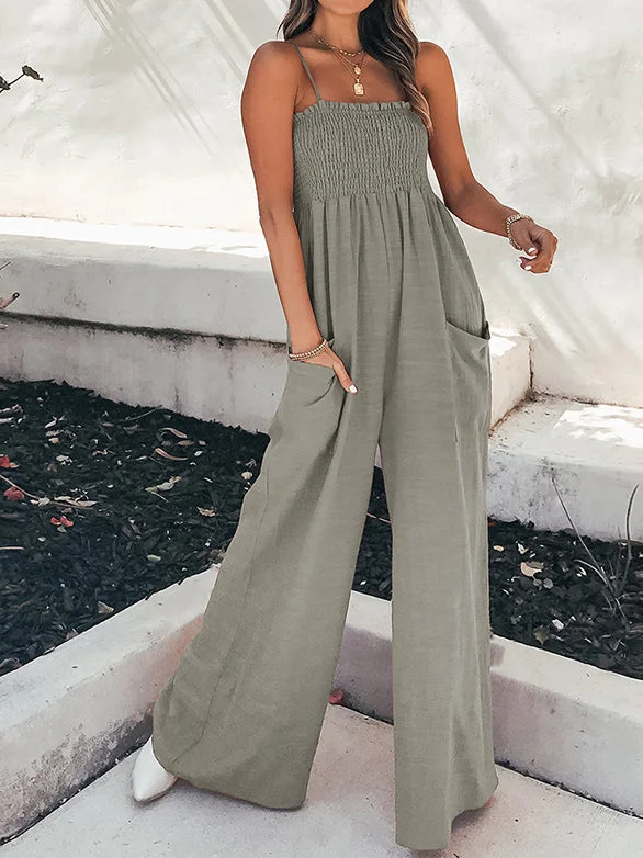 Women's Pure Color Pleated Sling Casual Jumpsuit