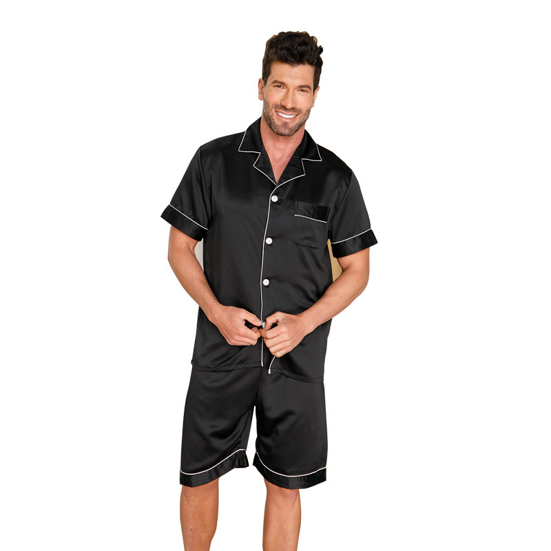 Mature Men Ice Silk Pajamas Solid Color Polo Collar Suit