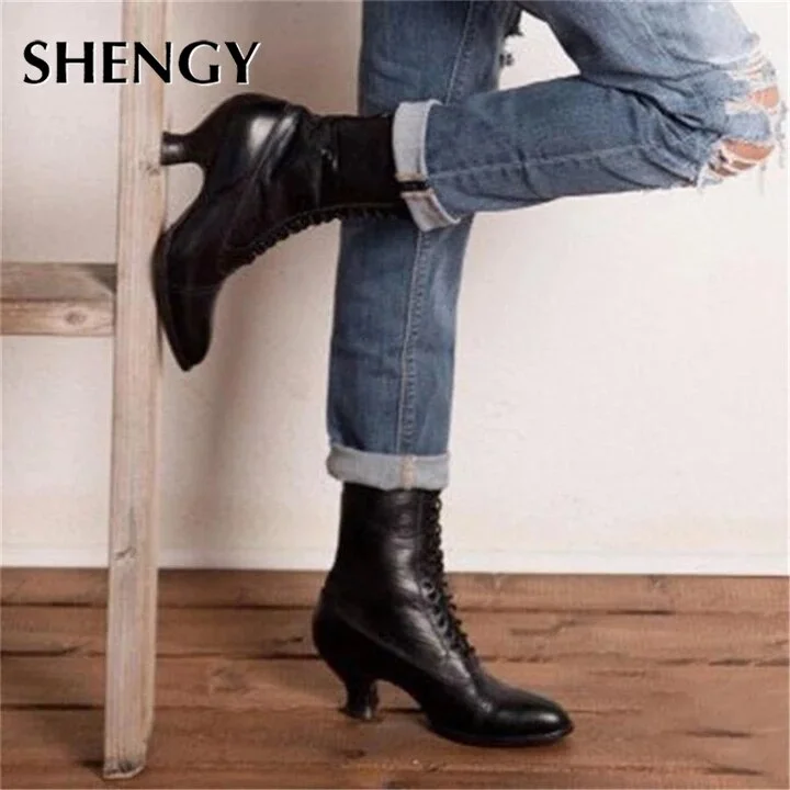 2019 Autumn Women boots Retro woemn Shoes female Booties Plus Size Shoes pointed toe Leather Shoes Heel Mid Calf Boots