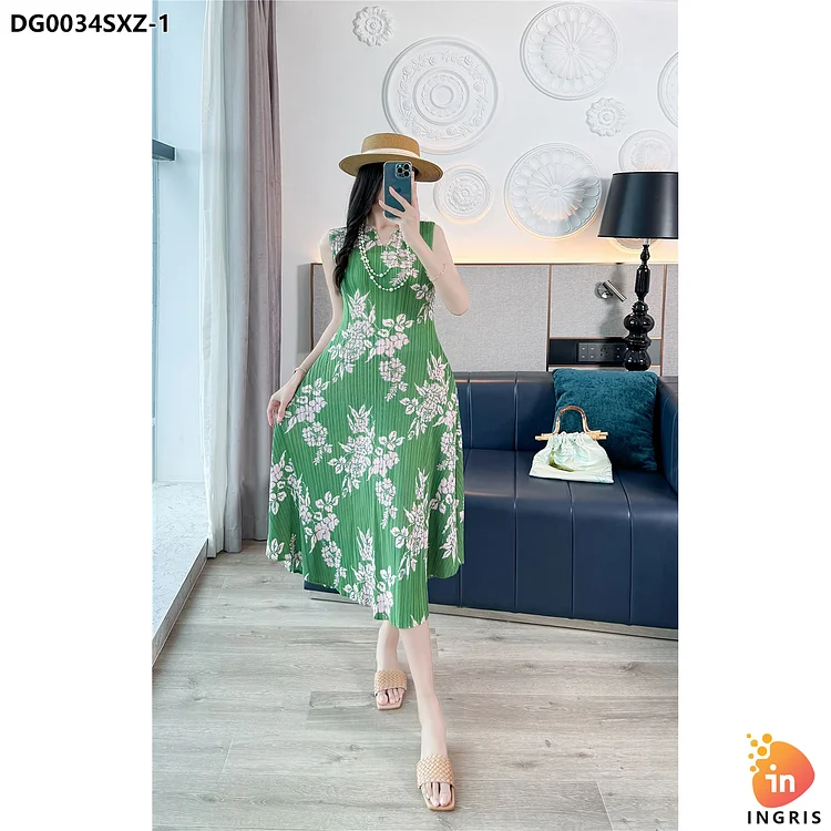 2024 women's Summer V-neck print pleated A-line loose dress-DG0034SXZ