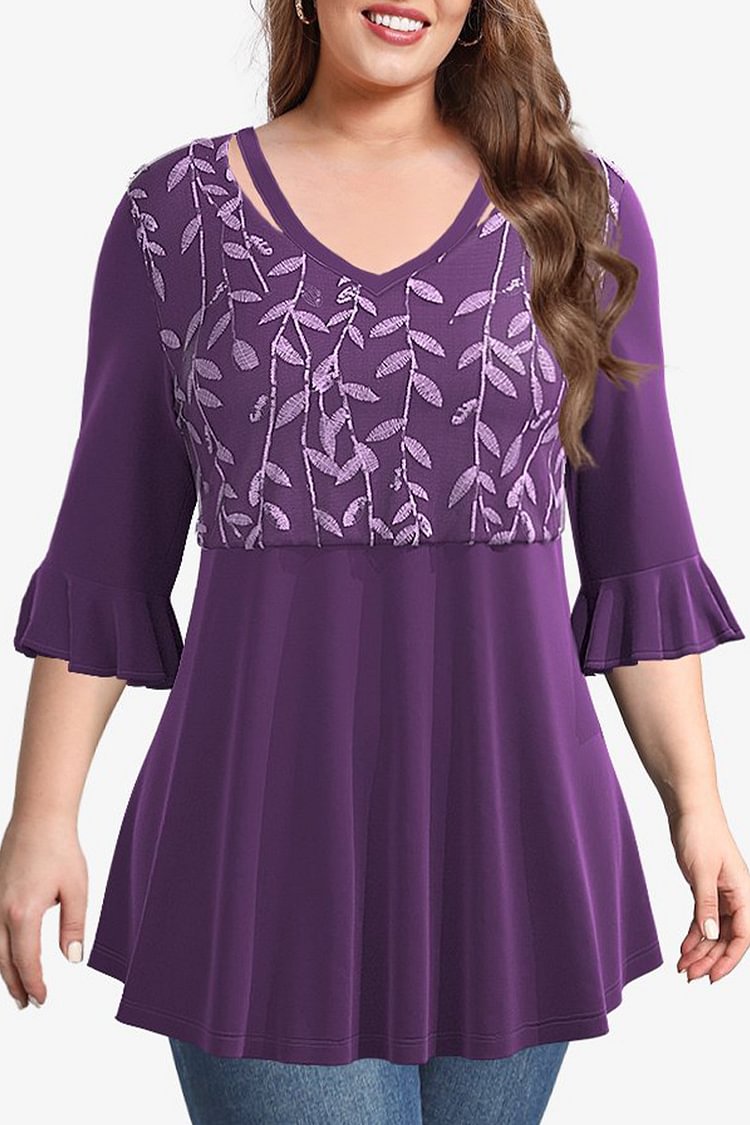 Flycurvy Plus Size Casual Dark Purple Embroidery V Neck Double Layers Blouses  flycurvy [product_label]