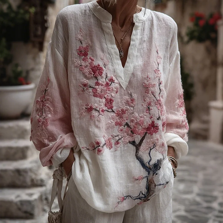 Women's Vintage Pink Floral Art Linen V-neck T-shirt
