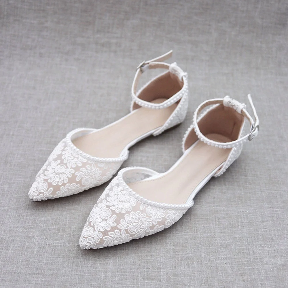 White Lace Bridal Shoes Pointed Toe Ankle Strap Pearl Trim Flat Pumps Nicepairs