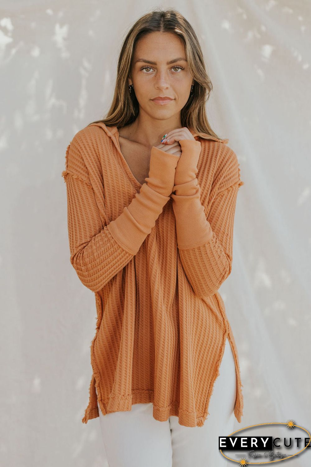 Orange Distressed Seam Trim Waffle Knit Top