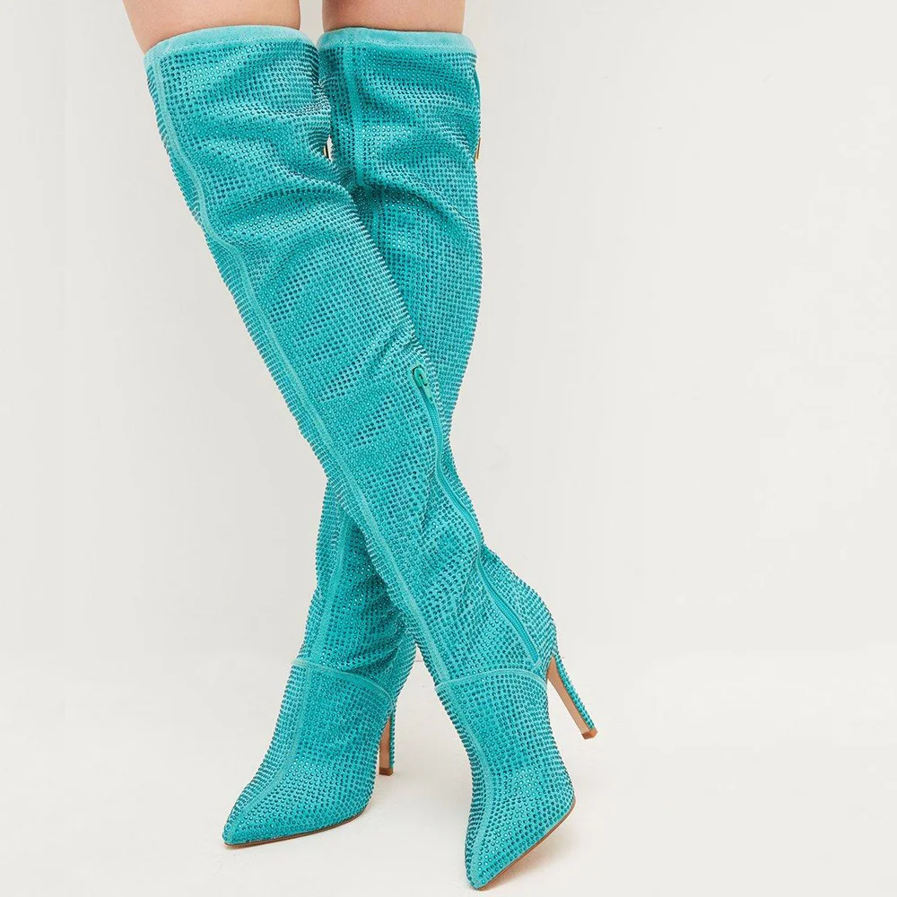 Blue Glitter Zipper Boots Pointed Toe Stiletto Heels Knee High Boots Nicepairs