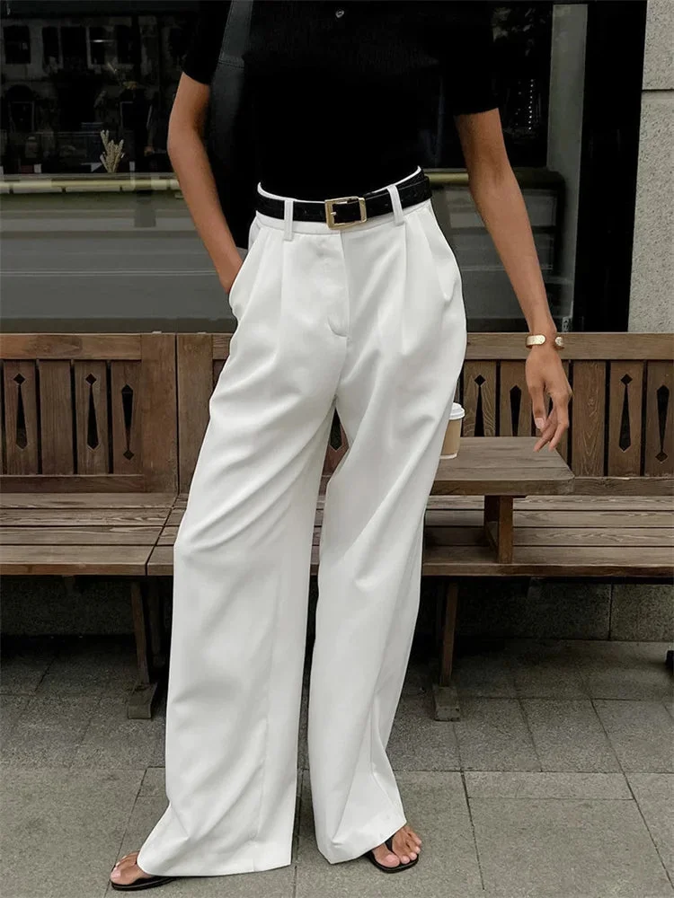 Huiketi Fashion High Waist Pocket Women's Pants Y2k Outfit White Patchwork Casual Wide Leg Trousers Autumn Loose Slim Female Pants