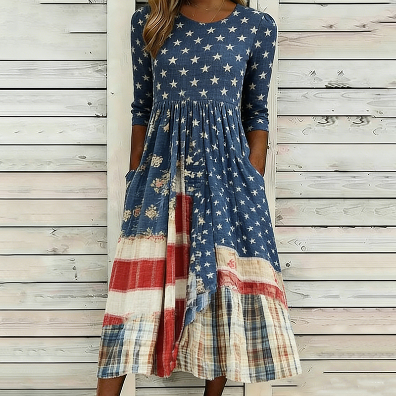  Women's Retro July 14th Commemorative Print Casual Crew Neck Dress Westsshops