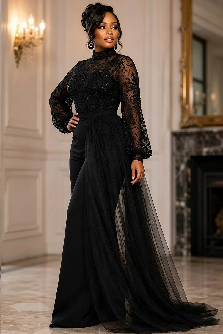 Xpluswear Design Plus Size Formal Tulle Black Stand-Up Collar Long