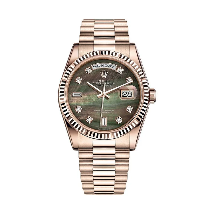 Rolex Day-Date 118235F Rose Gold Black Mother of Pearl Diamond Dial