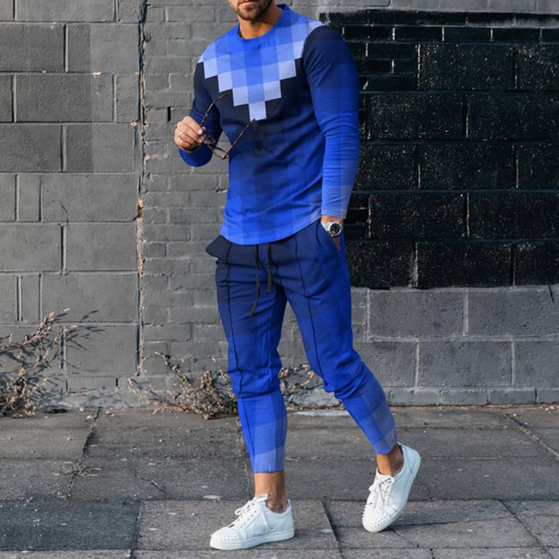 Men's  Abstract Geometric Gradient Pattern Long Sleeve T-Shirt And Pants Co-Ord