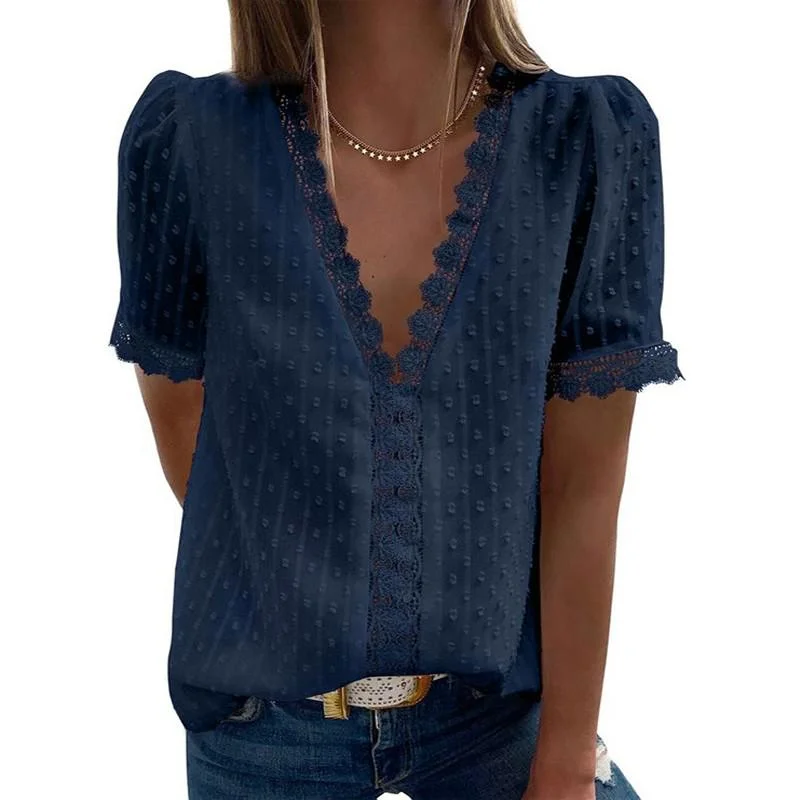 Summer Short Sleeve Womens Tops And Blouses Fashion V Neck Elegant Casual Chic Shirts Ladies Solid Lace Chiffon Blouse Plus Size