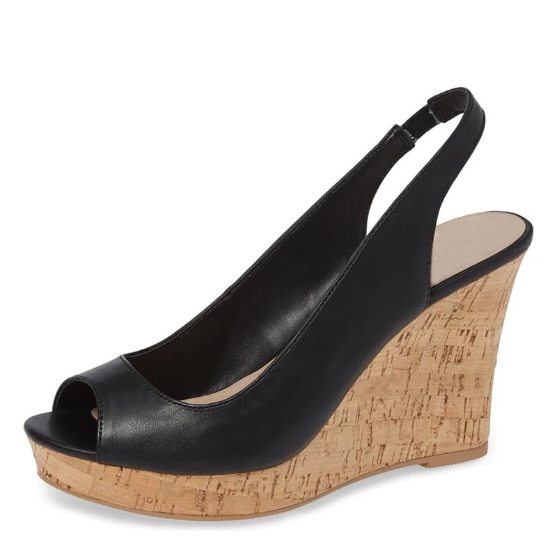 TAAFO Black Slingbacks Cork Platform Sandals Elasticised Band Peep Toe Woman  Ladies High Wedges Heels Shoes