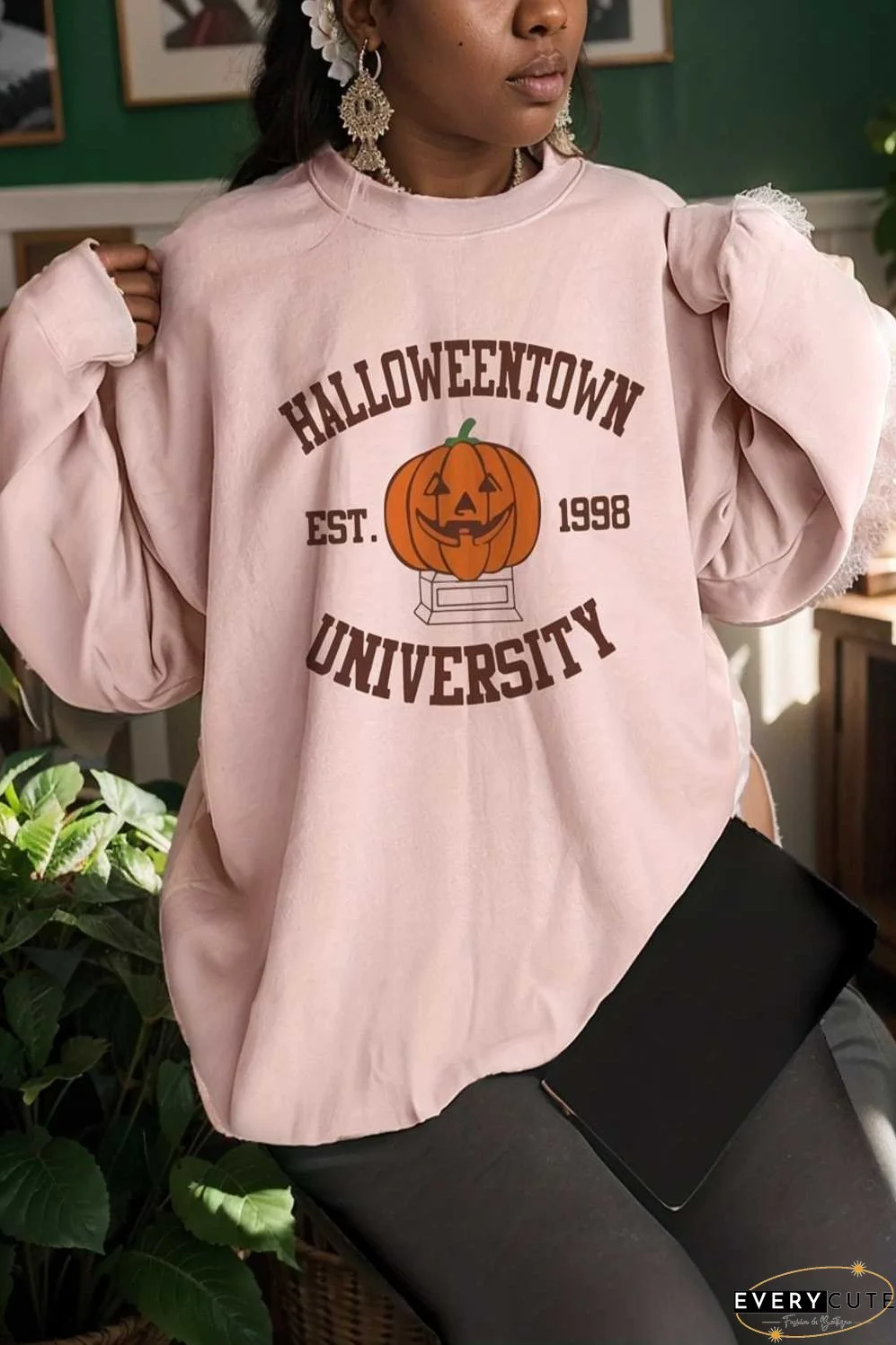 casual halloween pumpkin print long sleeve crew neck hoodie