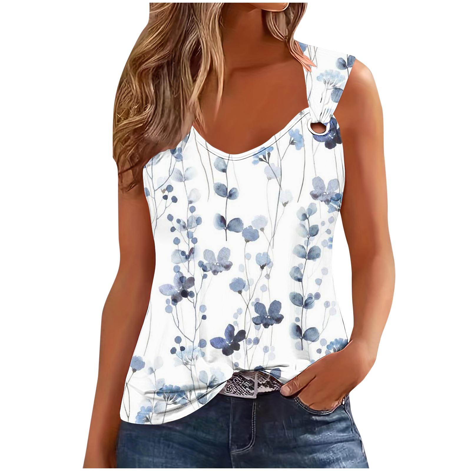 Luxylanellc Fashionable Women's T-shirt Plant Floral Print Summer Metal Buckle Sleeveless Hollou Out V-neck Vintage Tee TShirt Women Tops