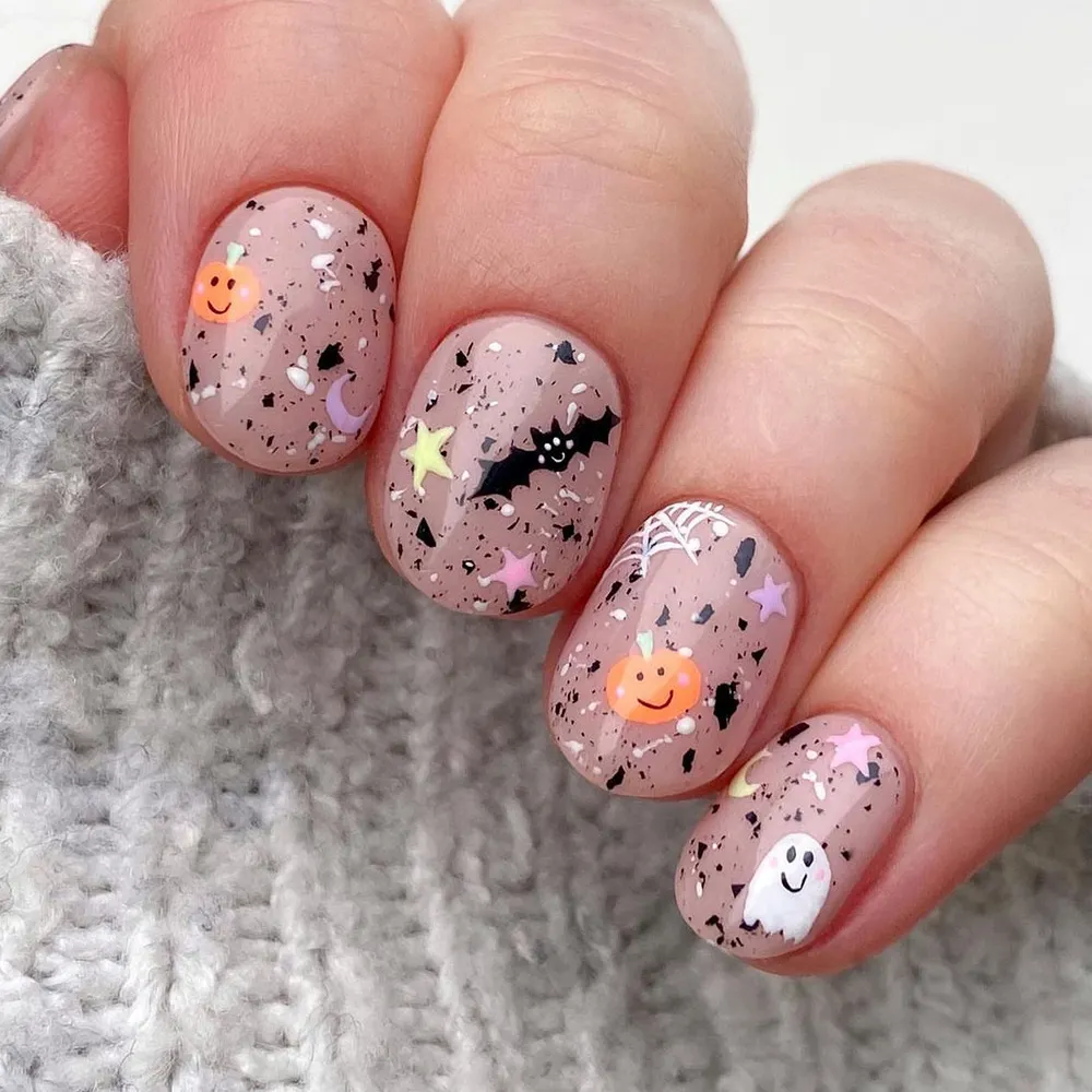 Churchf Churchf Short Square Nail Cute Little Ghost Pumpkin Bat Spider Web Fake Nails Finished Wearing A Holiday Nail