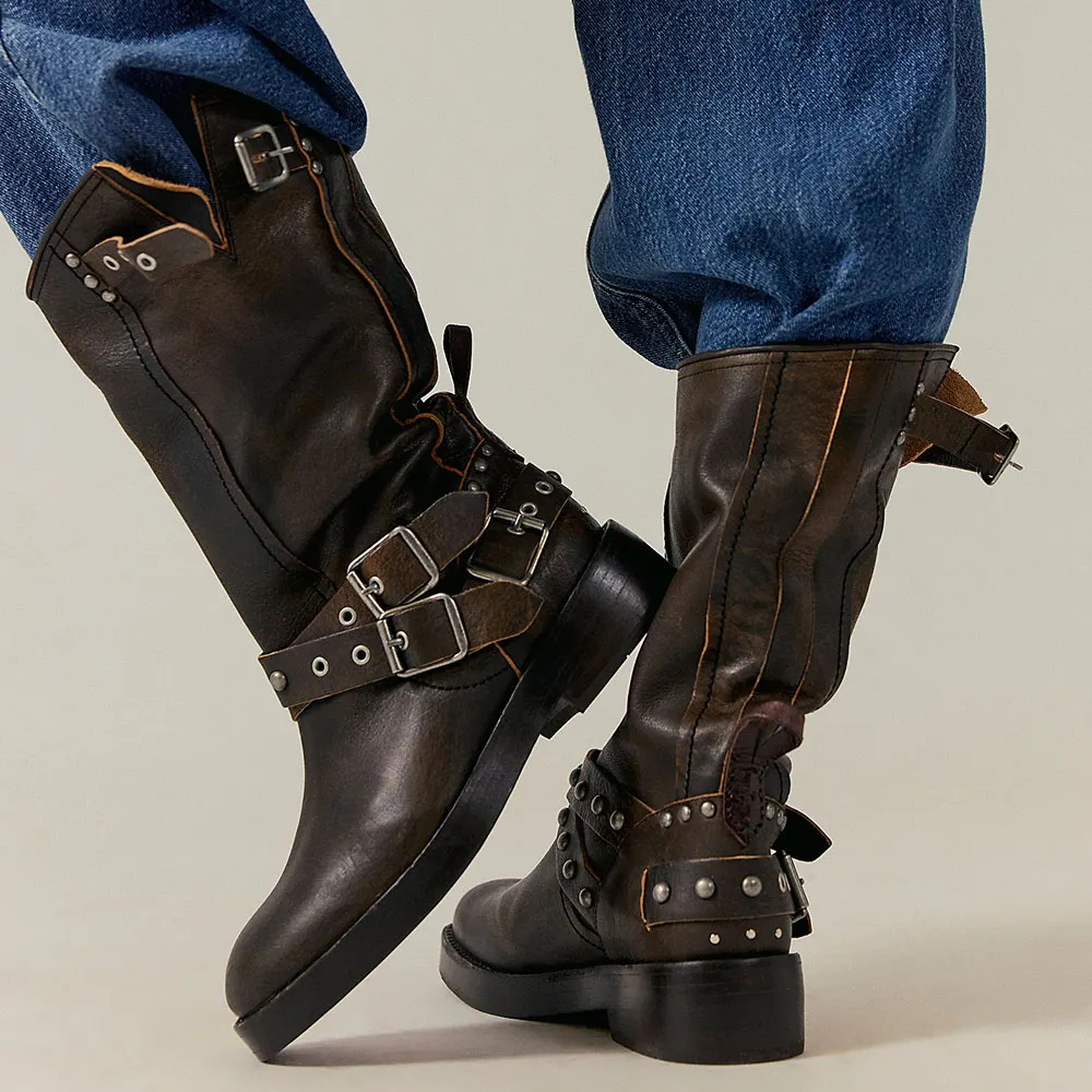 Brown Studded Buckle Mid Calf Grommet Motorcycle Boots for Women