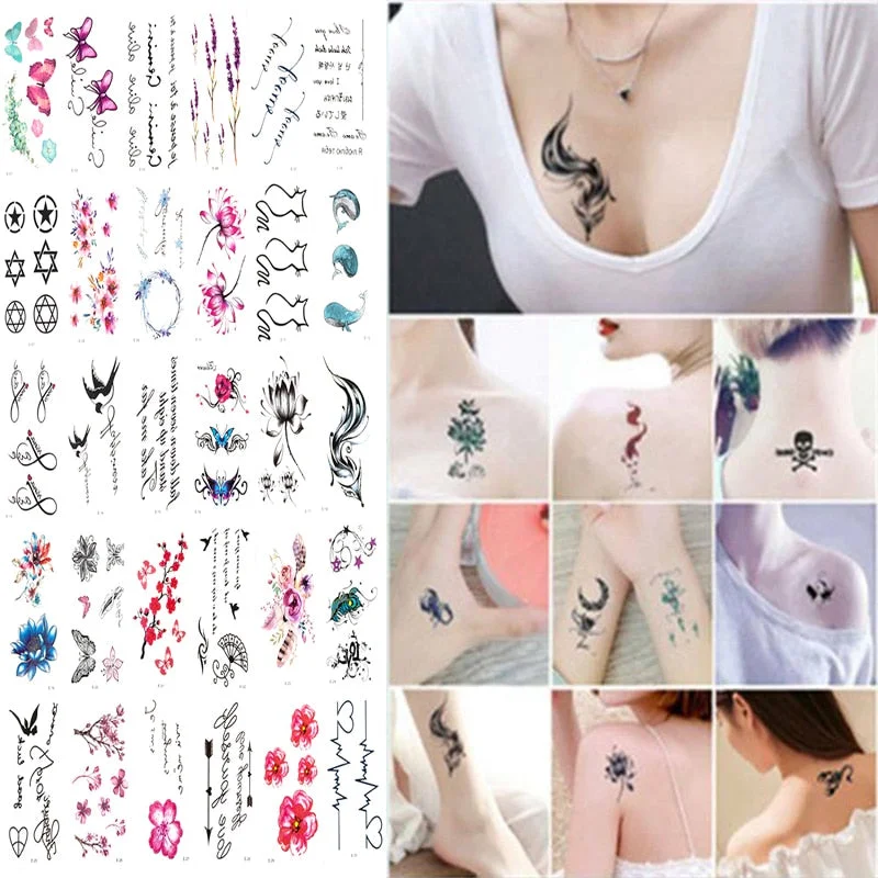 Hot 30Sheet/Lot Temporary Tattoo Sticker Letters Feather Body Art Tattoos Waterproof Flowers Tattoos Sticker Fake Water Transfer