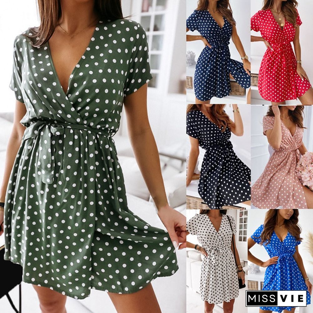 Summer V Neck Polka Dot Boho Dress Bohemian Women Beach Dress Fashion Short Sleeve Casual Mini Dress