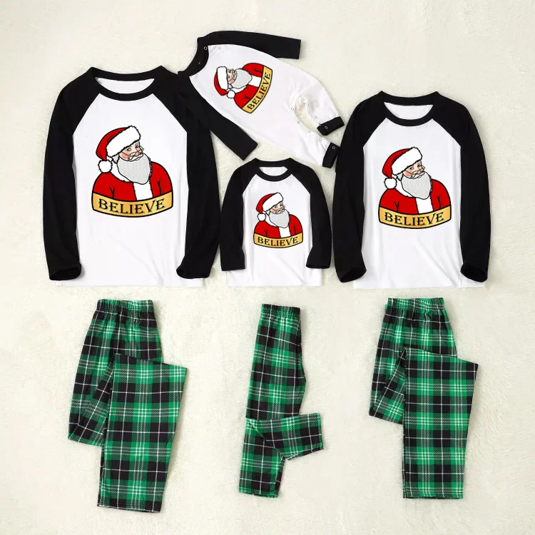 'Believe' Santa Cartoon Print Green Plaid Family Matching Pajamas Set