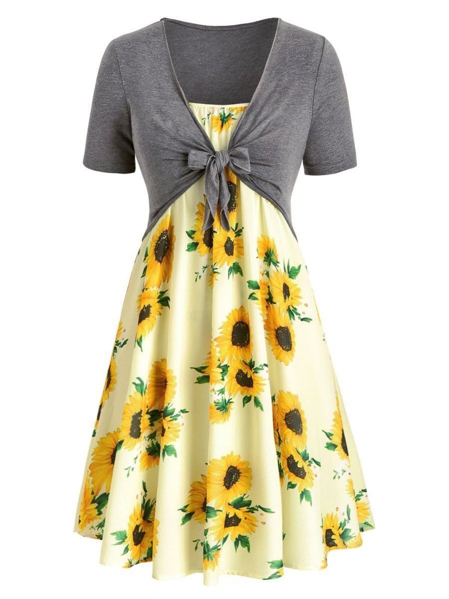 Sunflower Dresses with Wrap Shirt Short Sleeve V-Neck Bowknot Dress Sets