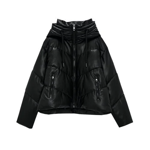 FTLZZ Autumn Winter Women Hooded Zipper Black Faux Leather Cotton Coat Casual Female Thick Warm Short Jacket Windproof Outwear
