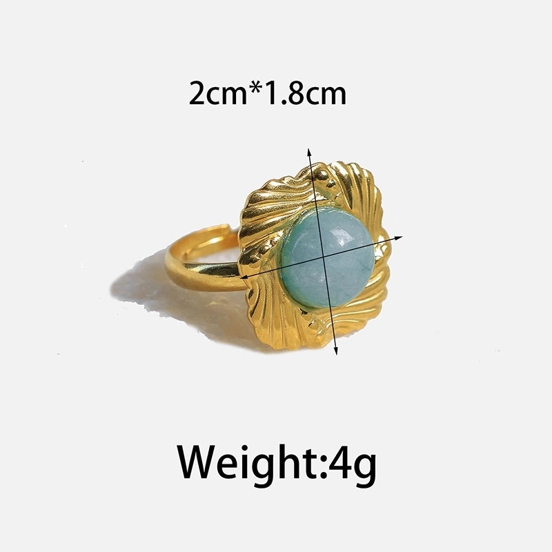 Elegant Vintage Style Minimalist Oval 304 Stainless Steel Turquoise 14K Gold Plated Plating Hollow Out Stainless Steel Rings