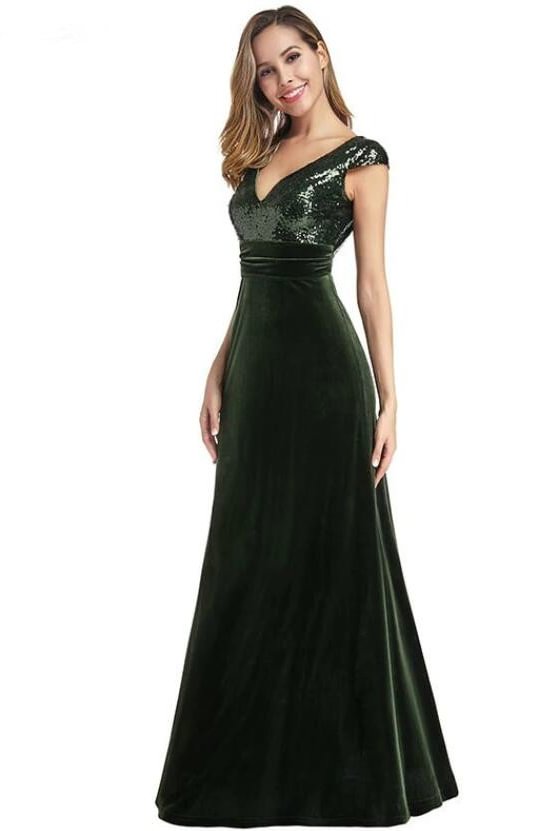 Glamorous Green Cap Sleeve Sequins Evening Gowns Mermaid V-Neck Prom ...