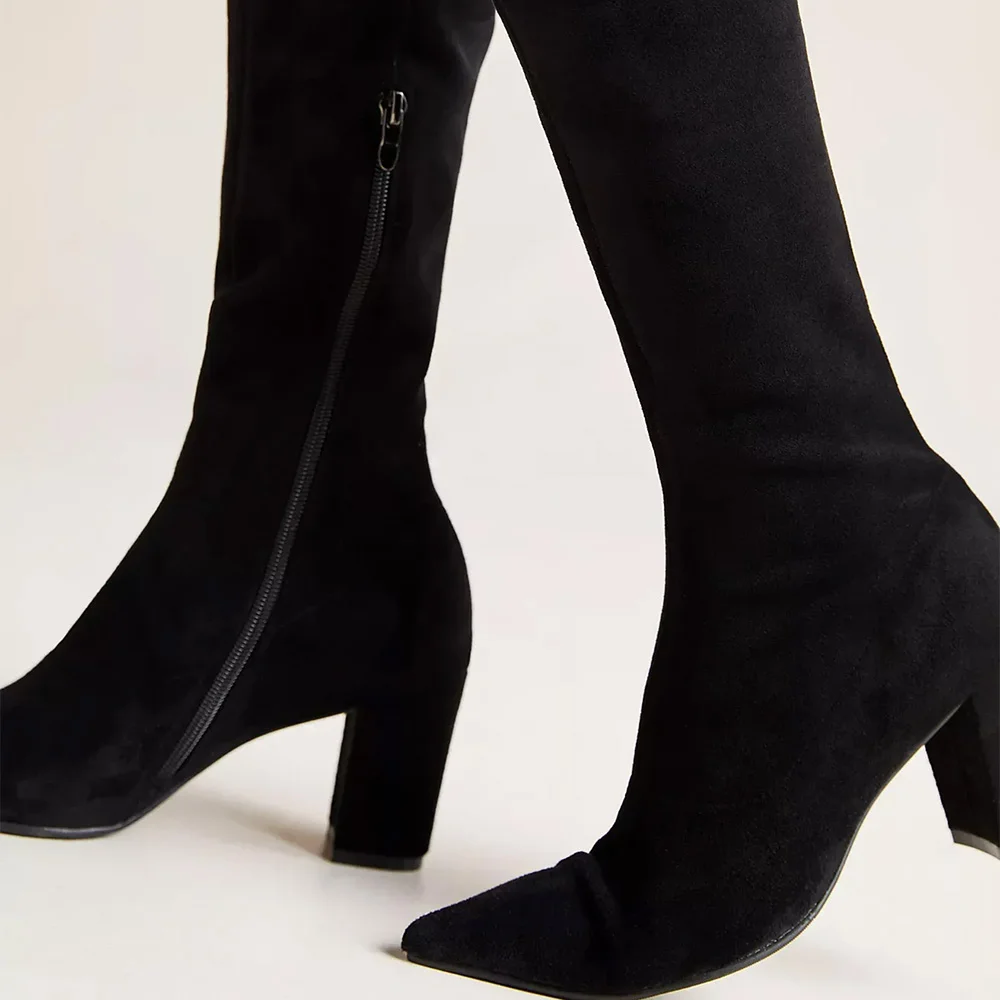 Black Stretch Vegan Suede Pointed Toe Zipper Knee High Boots for Women