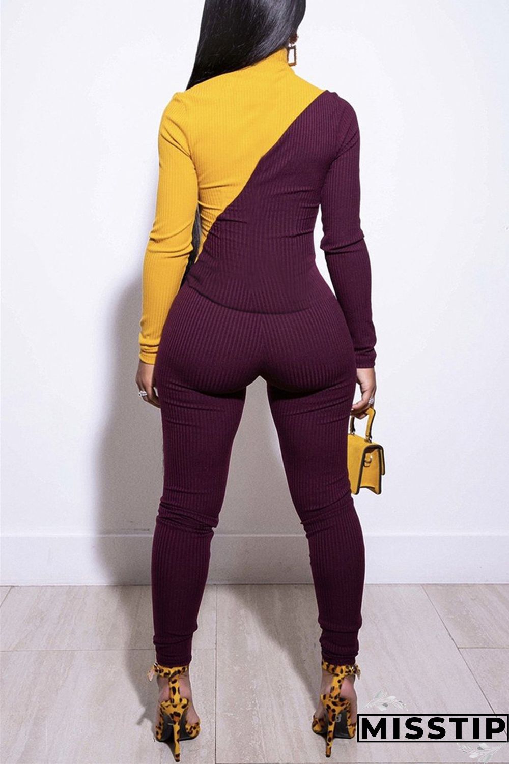 Orange Sexy contrast color pencil Long Sleeve Two Pieces