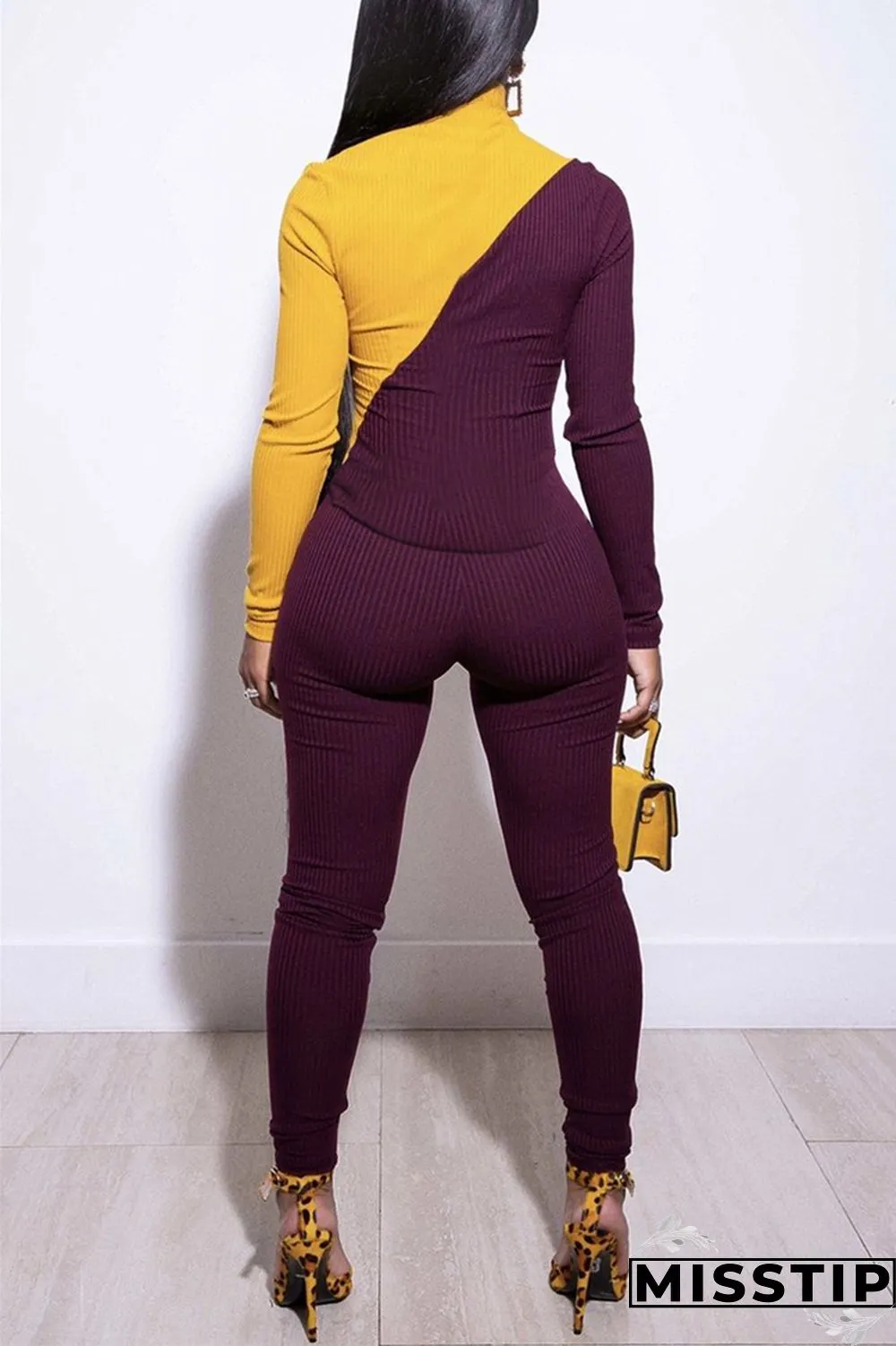 Orange Sexy contrast color pencil Long Sleeve Two Pieces