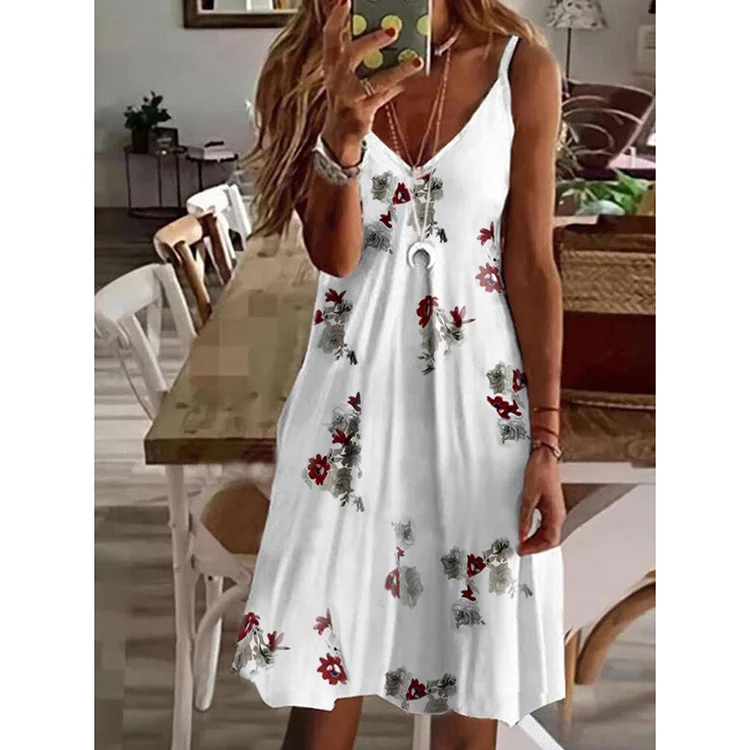 Women V Neck Sleeveless Floral Print Loose Party Dress