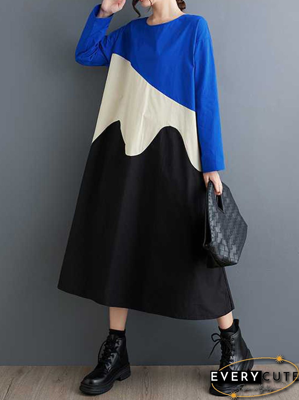 A-Line Long Sleeves Contrast Color Round-Neck Midi Dresses