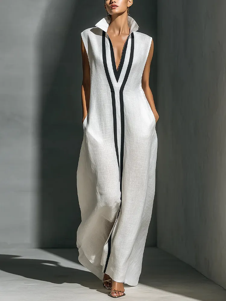 Casual color-blocked sleeveless long dress