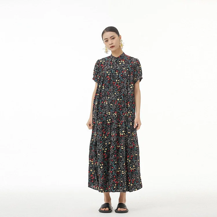 Temperament Half Stand Collar Floral Printed Pleated Short Sleeve Dress